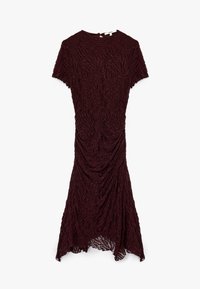 Burgundy lace-mekko lyhyillä hihoilla, teksturoitu kuvio ja kaareva helma. Sisältää hienovaraisen roikkuvuuden lisäulottuvuuden saavuttamiseksi.