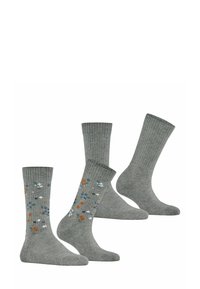 Drei Paar graue Socken, zwei mit geripptem Muster und Blumenmuster in Orange, Blau und Weiß, eine einfarbig grau, unterschiedliche Höhen.