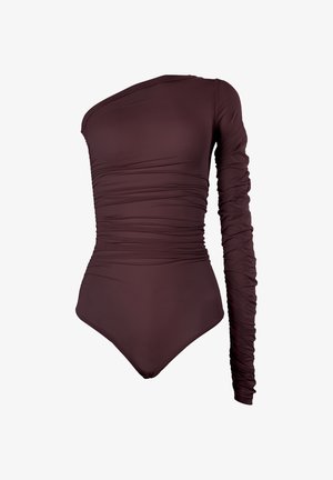 Einteiliger Badeanzug in Malvenfarbe mit gerafftem Design, einem langen Ärmel und einem hoch ausgeschnittenen Bein. Glatte Textur und figurbetonte Silhouette.