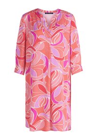 Blumen Tunika Kleid in Pink- und Koralltönen, mit V-Ausschnitt, Dreiviertelärmeln und lockerer Passform aus leichtem Stoff.