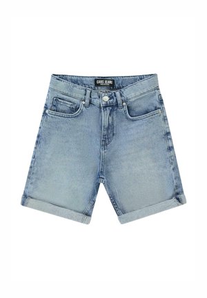 Lichtblauwe denim shorts met omgeslagen zoom, voorzien van voorzakken en een knoopsluiting. Het materiaal is zacht met een vervaagde wassing.