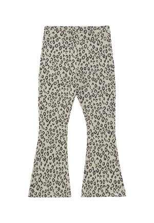 Kinderen flare-pantalons met een elastische tailleband, beige achtergrond en zwart luipaardprint patroon.