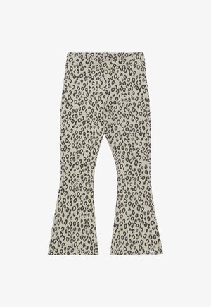 Kinderen flare-pantalons met een elastische tailleband, beige achtergrond en zwart luipaardprint patroon.