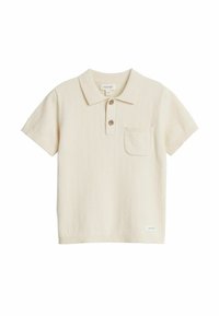 Beige Polo-Shirt mit kurzen Ärmeln aus strukturiertem Strickstoff, ausgestattet mit einem Kragen, einer Knopfleiste mit drei Knöpfen und einer kleinen Brusttasche.
