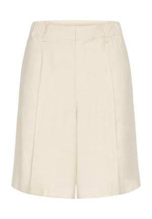 Pantaloncini color crema a vita alta con una texture di tessuto liscia, tasche laterali, passanti per cintura e taglio a gamba dritta.
