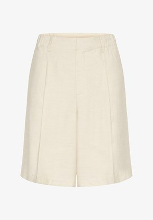 Pantaloncini color crema a vita alta con una texture di tessuto liscia, tasche laterali, passanti per cintura e taglio a gamba dritta.