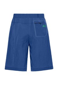 Shorts bleus en matériau léger, avec un motif quadrillé texturé, une taille élastique et une poche arrière zippée. Détail logo vert.