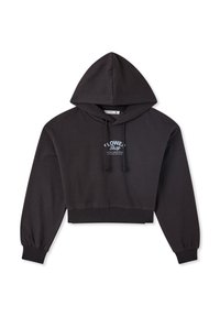 Czarna krótka bluza z kapturem wykonana z mieszanki bawełny. Posiada sznurek do regulacji kaptura, długie rękawy oraz graficzny nadruk z przodu. Miękka tekstura.