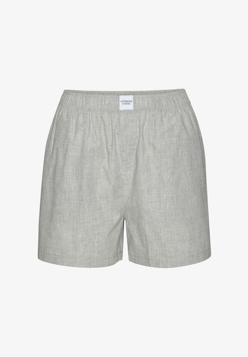 Heledad hallhalli puuvillased lühikesed püksid, millel on elastne vöökoht ja väike silt õmmelduna taga. Kangas on delikaatse tekstuuriga viimistlus.