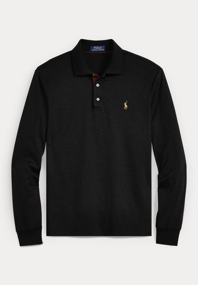 Chemise noire à manches longues Polo Ralph Lauren avec col, deux boutons et petit logo brodé sur la poitrine gauche.
