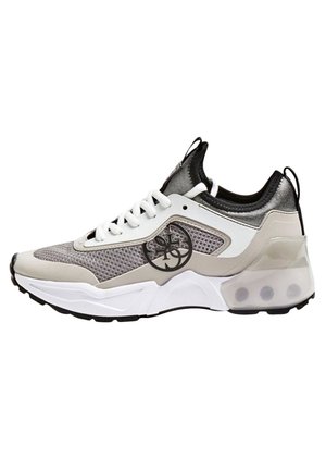 Mesh and synthetic gray and white sneaker with black accents and logo, featuring a padded collar and visible air cushioning in the sole.