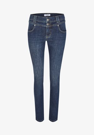 Jeans aderenti in denim di colore blu scuro. Presentano chiusura con due bottoni, cinque tasche e dettagli di cuciture sottili lungo le cuciture.