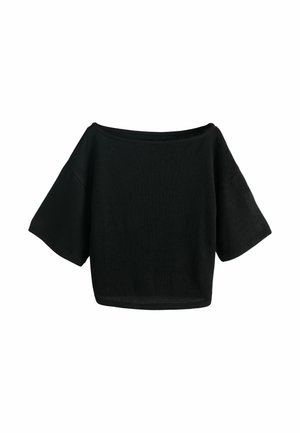 Top negru tricotat cu mânecă scurtă, cu decolteu larg în formă de barcă și croială lejeră, afișat pe un fundal alb.