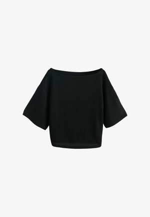 Black knit short-sleeve top with wide boat neckline and loose fit, displayed on a white background.