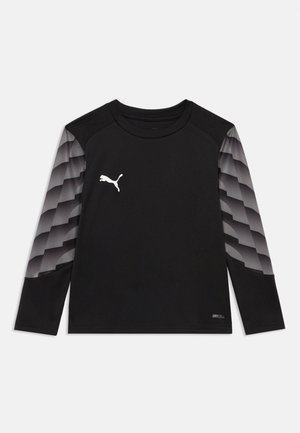 Długi czarny sportowy podkoszulek z wzorzystymi szarymi akcentami na rękawach, wykonany z materiału odprowadzającego wilgoć, z białym logo.