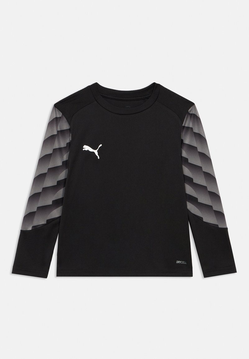 Μακρυμάνικο μαύρο αθλητικό πουκάμισο με γκρι μοτίβα στα μανίκια, κατασκευασμένο από υλικό που απομακρύνει την υγρασία, με λευκό λογότυπο.