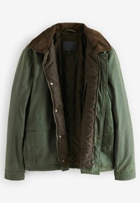 Grüne Baumwollaußenjacke mit einem braunen Kordkragen. Gestepptes braunes Futter mit Druckknopfverschluss und seitlichen Taschen.