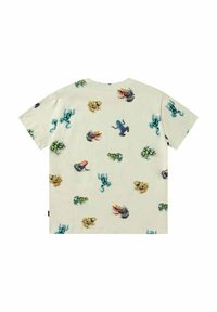 Cremefarvet T-shirt med en række farverige frø-mønstre. Korte ærmer og rund halsudskæring, lavet af blødt stof, uden dekoration.