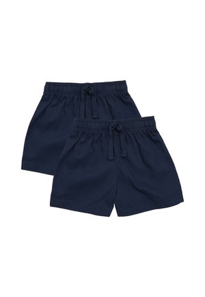 Marineblå bomuldsshorts med elastisk talje og snøre, glat tekstur og løs pasform for komfort. To par vist.