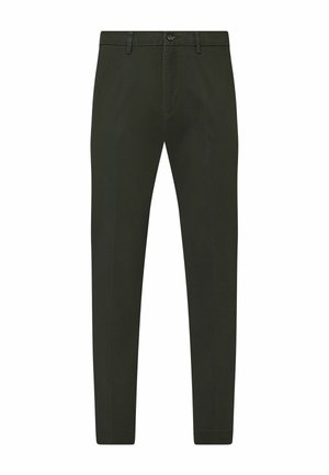 Pantalones rectos de color verde oscuro con trabillas para cinturón, botón delantero y cierre de cremallera, mostrados sobre un fondo blanco.