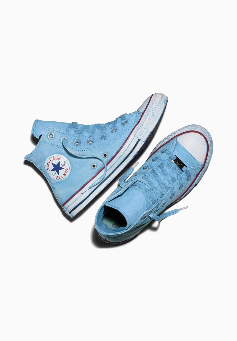 Light blue high-top Converse sneakers with white rubber toes and soles, one shoe upright and the other lying on its side.