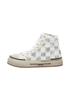 White high-top sneakers with silver checkered glitter, rubber toe cap, and text "WHERE IS LOVE THERE IS LIFE" along the side. Textured surface.