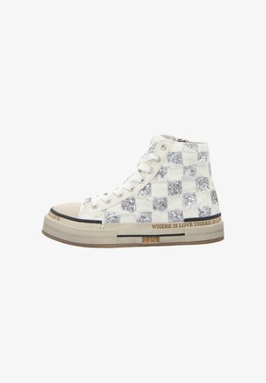 White high-top sneakers with silver checkered glitter, rubber toe cap, and text "WHERE IS LOVE THERE IS LIFE" along the side. Textured surface.