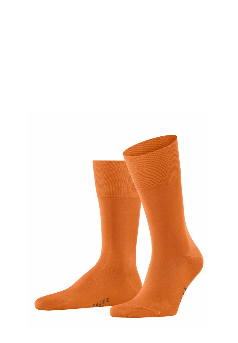 Orangene Baumwollsocken mit geripptem Bündchen, glatter Textur und verstärktem Zehen- und Fersenbereich. Markenlogo auf der Sohle gedruckt.