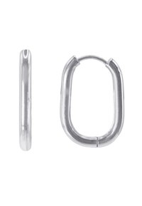 Orecchini a cerchio ovali in argento con finitura lucida. Presentano una forma curva e un gancio sicuro per un facile utilizzo. Cucitura visibile all'apertura.