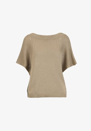 Pull beige à manches courtes en maille, col rond et ourlet côtelés, présentant des motifs de points texturés sur les manches et le corps.