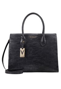 Svart läderhandväska med krokodilstruktur, dubbelhandtag, avtagbar rem och guldiga detaljer med en framträdande logotag.