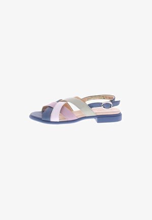 Bunte flache Sandalen mit einem Kreuzriemen-Design in Blau, Lavendel, Pink und Grün. Obermaterial aus glattem Leder und einem niedrigen Blockabsatz.