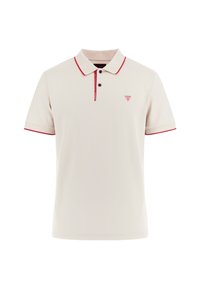 Polo majica u boji slonovače s crvenim ovratnikom i naglascima. Ima placket s dvije gumbe, kratke rukave i trokutasti logo na prsima.
