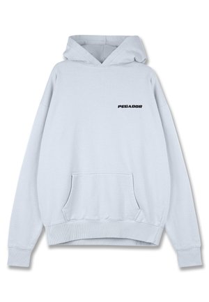 Light blue hoodie made of soft fabric. Features a front pouch pocket, ribbed cuffs and hem, and black "PEGADOR" logo on chest.