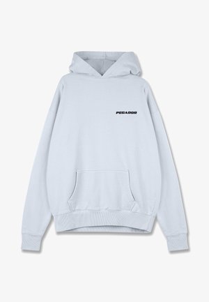 Hoodie azul claro feito de tecido suave. Apresenta um bolso frontal, punhos e bainha canelados, e um logotipo preto "PEGADOR" no peito.