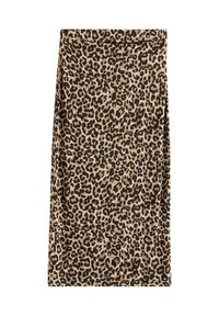 Leopardmönstrad kjol i beige och svart, tillverkad av mjukt tyg. Har en figursydd silhuett och elastiskt midjeband, utformad för komfort.