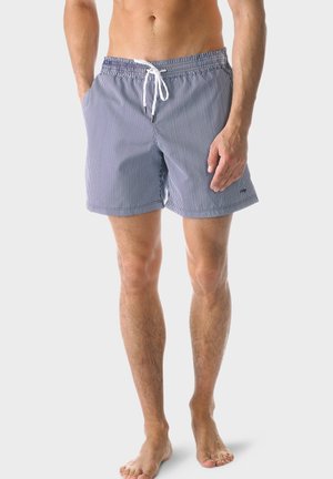 Marineblaue und weiße gestreifte Badehorts mit elastischem Bund und Kordelzug. Enthält seitliche Taschen und ein kleines Logo am Saum.