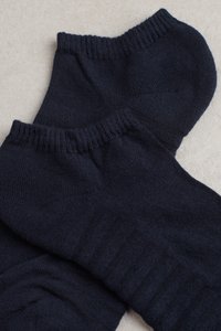 Donkerblauwe enkelsokken van zacht, gebreid materiaal. Bevat een geribbelde boord en een soepele textuur, ontworpen voor een comfortabele pasvorm.