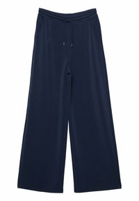 Navy wijde broek van zacht materiaal, met een elastische tailleband met trekkoord, twee zijzakken en een gladde textuur.