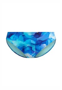Bas de bikini pour femmes dans des nuances de bleu, présentant un motif aquarelle abstrait avec une texture lisse et une taille élastique pour le confort.