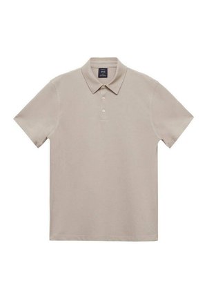 Beige Polohemd aus Baumwollmischung, mit klassischem Kragen, drei Knöpfen und kurzen Ärmeln. Glatte Textur, minimalistische Details.