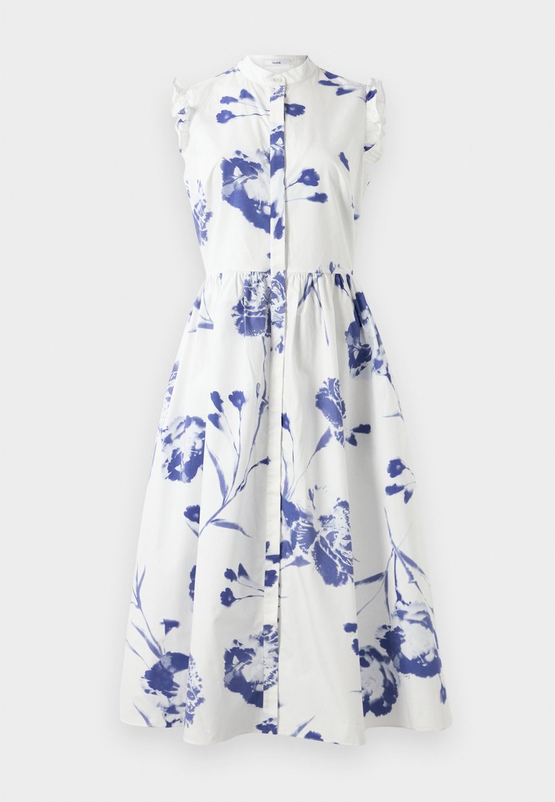 Floral print dress with a white background and blue flowers, featuring a button front, ruffled shoulders, and a flared skirt.