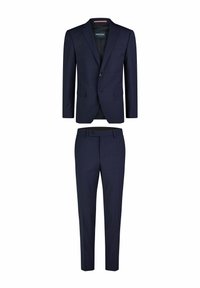 Costume bleu marine avec une veste à deux boutons, revers crantés et pantalon assorti. Fabriqué à partir d'un tissu texturé avec de subtils motifs à carreaux.