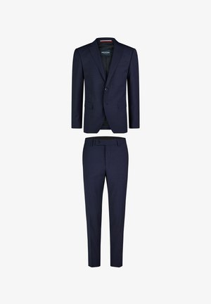 Marineblauer Anzug mit einem Zweiknopf-Blazer, Reverskragen und passender Hose. Hergestellt aus einem strukturierten Stoff mit subtilen Karomustern.