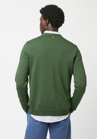 Groene gebreide trui met een ronde hals en geribde manchetten. Bevat een kleine bruine knop aan de achterkant. Draagt over een gestreepte shirt.