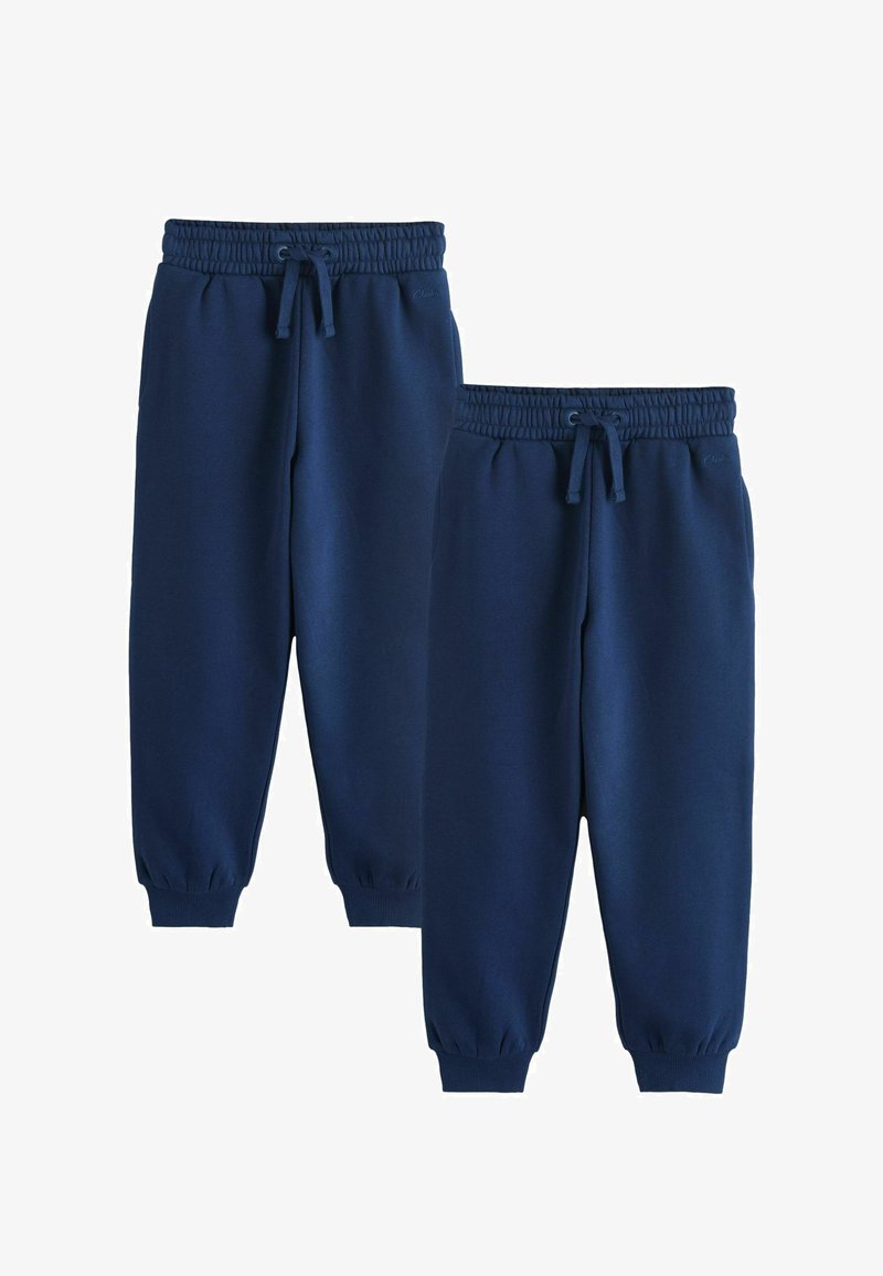 Deux paires de pantalons de survêtement bleu marine avec des ceintures élastiques et des poignets, ainsi que des cordons ajustables à la taille, présentées sur un fond blanc.