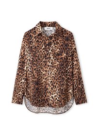 Leopardprint lange mouwen shirt in bruine en zwarte tinten, met een kraag, knoopsluiting en een licht gebogen zoom. Lichtgewicht stof.