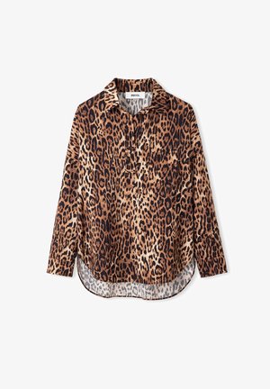 Langärmliges Hemd mit Leopardenmuster in Brauntönen und Schwarz, mit Kragen, geknöpfter Leiste und leicht abgerundetem Saum. Leichter Stoff.