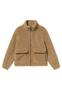 Tan fleece jacket met hoge kraag, vooraan met rits en twee rechthoekige zakken. Zachte textuur met een pluche, gezellige uitstraling.