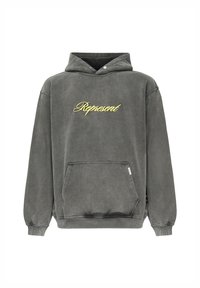 Sudadera con capucha en algodón gris desgastado, con un bolsillo canguro frontal, puños de canalé y la palabra "Represent" bordada en amarillo.